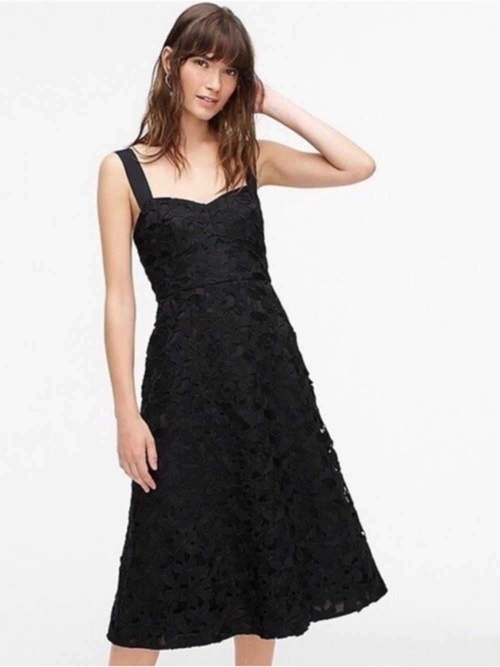 J. Crew Black Lace A-Line Midi Dress with Wide Straps